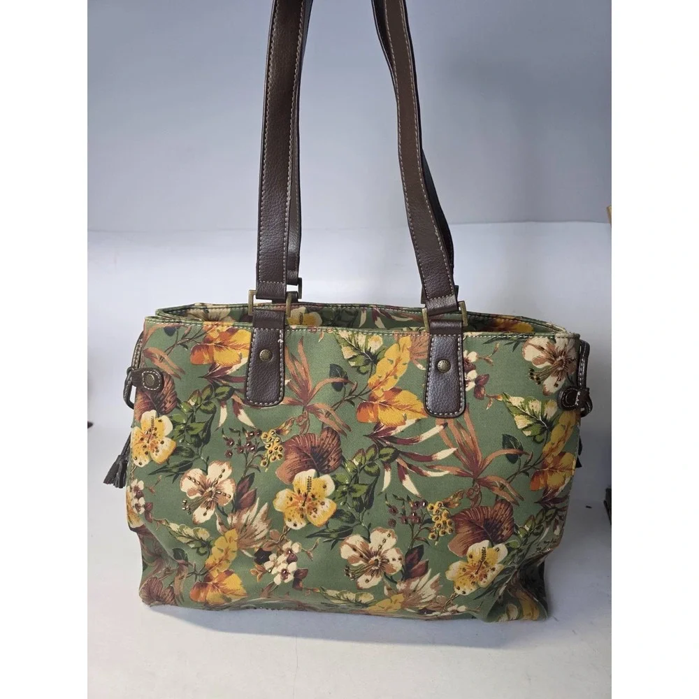 Caribbean Joe ShoulderBag‎ Handbag Floral Print Green Brown Purse Pouch Bag